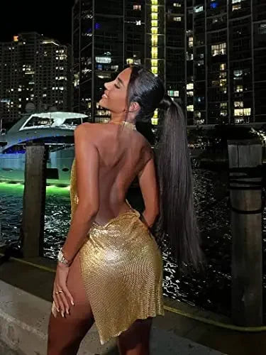 Sexy Bodycon Mini Dress for Women Bling Glitter Evening Prom Women Halter Side Slit Backless Party Club Summer Clothes - Eterno