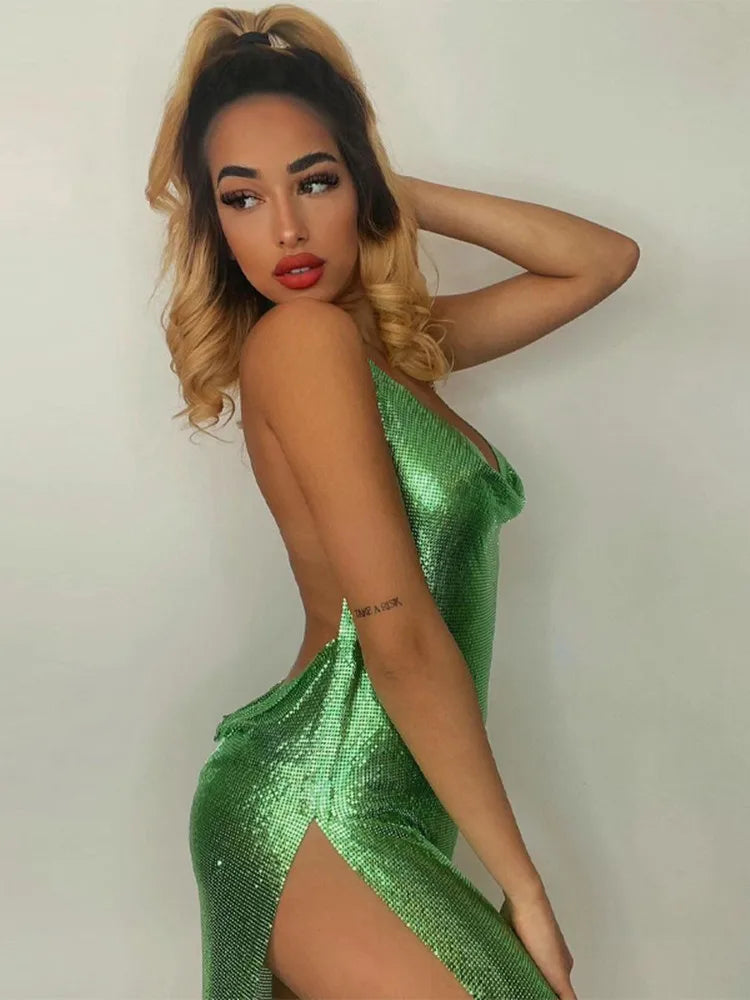 Sexy Bodycon Mini Dress for Women Bling Glitter Evening Prom Women Halter Side Slit Backless Party Club Summer Clothes - Eterno