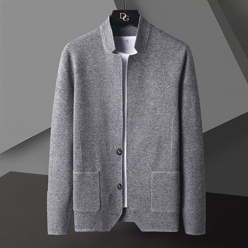 Mens Elegant Stand Collar Cardigan with Pocket Detail - Eterno