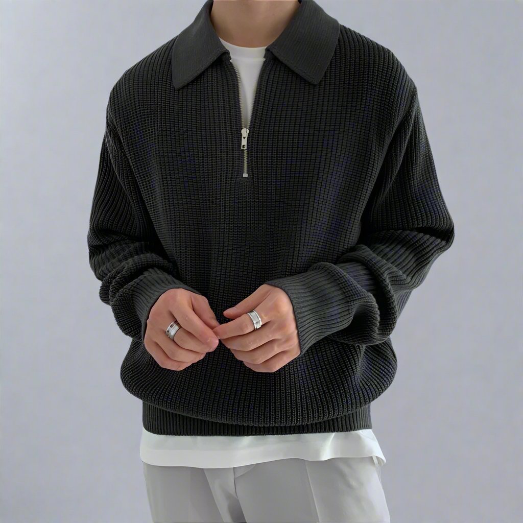 Mens Ribbed Zip-Up Polo Sweater - Eterno