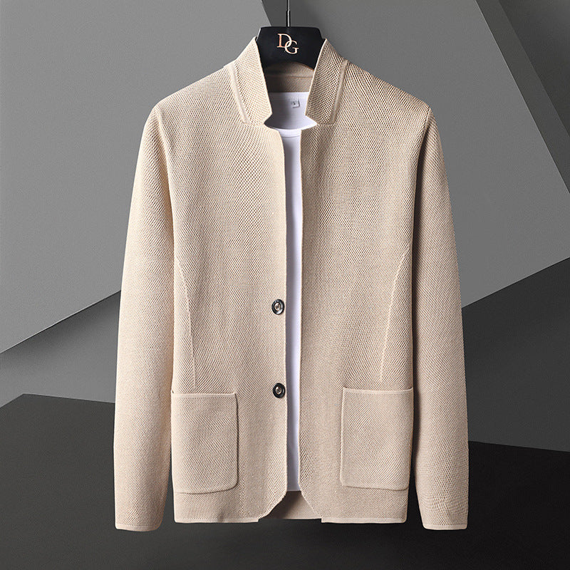 Mens Elegant Stand Collar Cardigan with Pocket Detail - Eterno